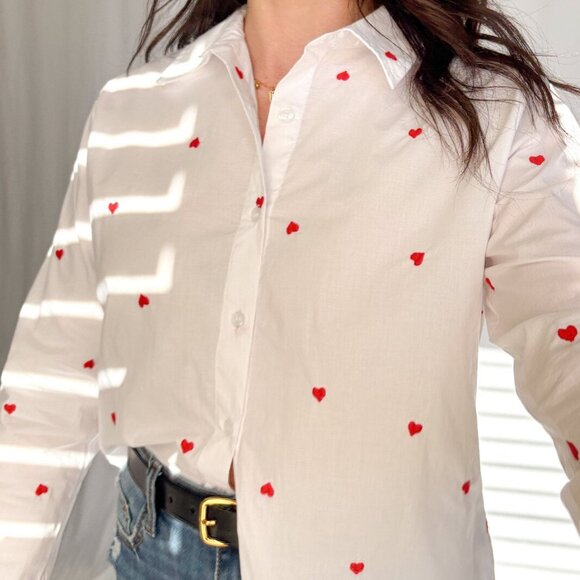 Women's Heart Embroidered Button Down Long Sleeve Top | White - Picture 6 of 7